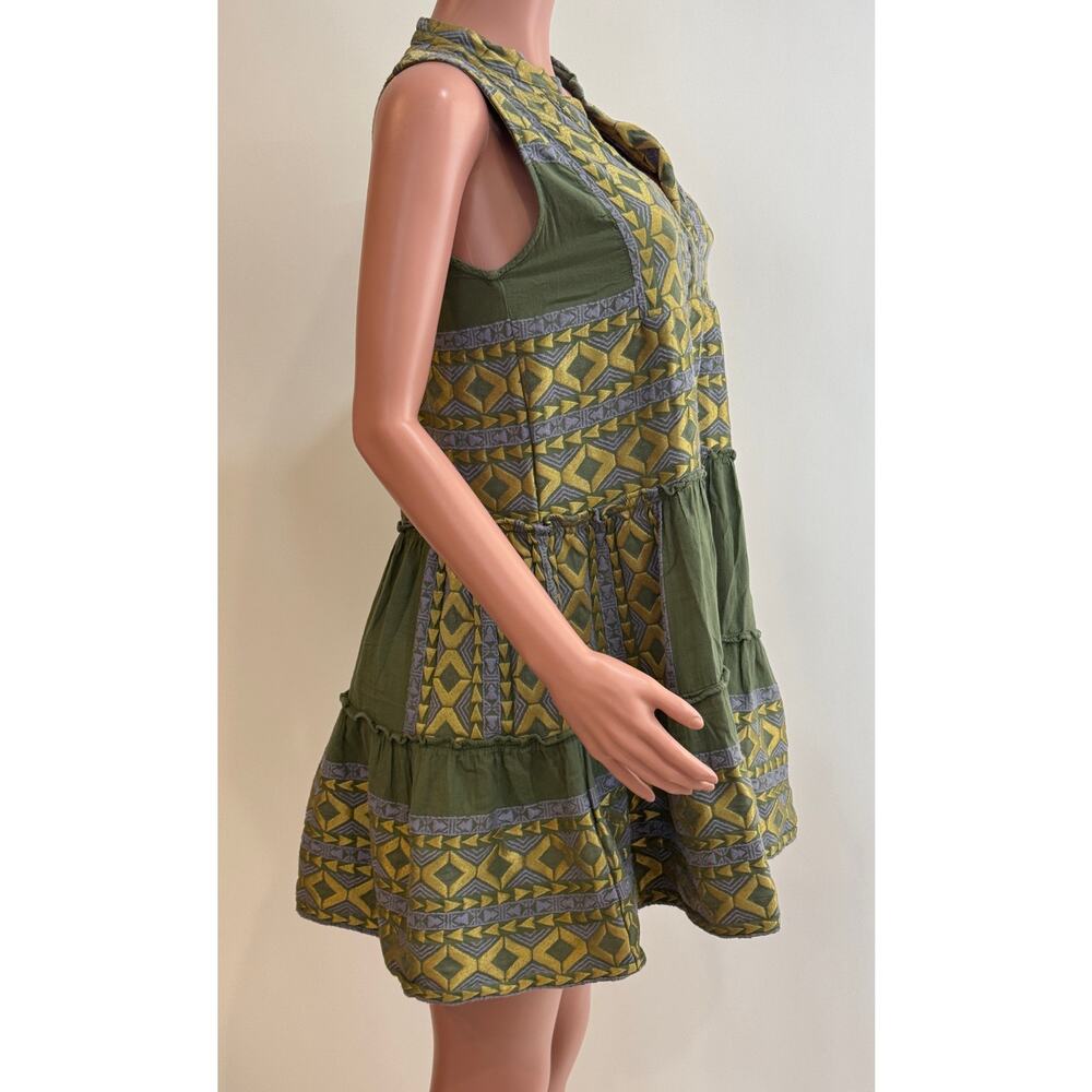 Lace The Label Embroidered Tiered Mini Dress Womens XS Green Gold Cotton Greece - Picture 3 of 13